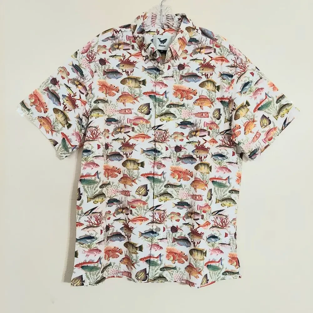 Yiume Men's Tan Hawaiian Multicolor Fish Print Button Front Shirt